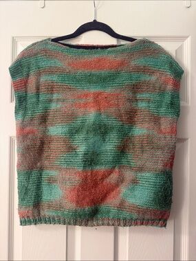 Striped Green and Coral Knit Scoop-Neck Sweater
